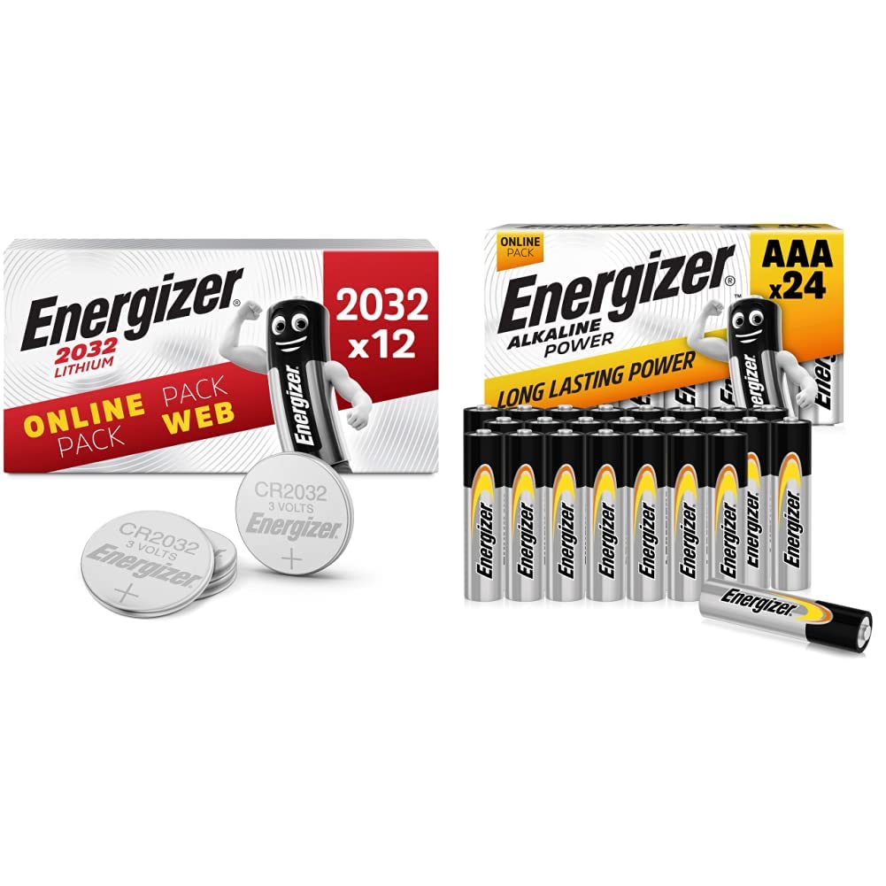 Energizer Piles AAA Alcalines 24 Pack + Piles Bouton Lithium 2032 12 Pièces Compatible Haut-parleurs Appareils Électriqu