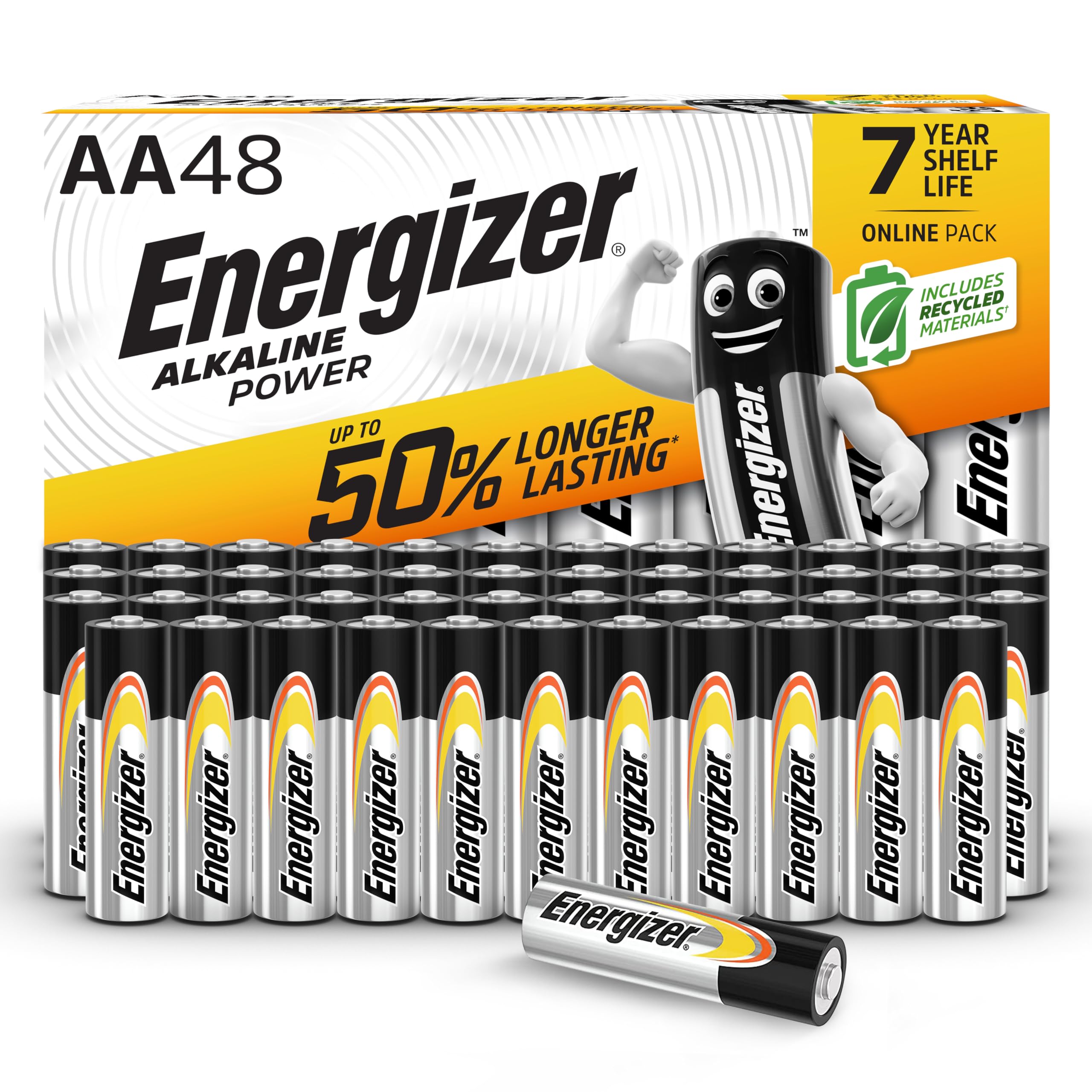 Energizer Piles AA Alcaline 1,5V Lot de 48 - Énergie Longue durée - 100% Recyclable - Conservation 7 Ans